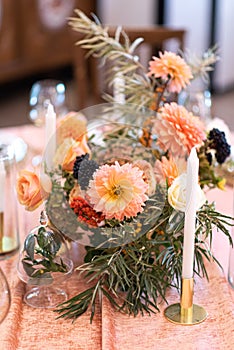 Elegant decor of a wedding bank in peach and green