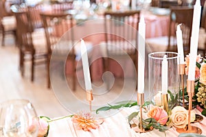 Elegant decor of a wedding bank in peach and green
