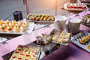 Elegant decorated banquet table. Sweet tasty cupcakes, candies on wedding party. Rows of different desserts in beautiful