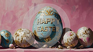 Elegant decorative easter eggs with ornate designs against pink background. Happy Easter photo