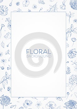 Elegant decorative floral frame or border with blooming garden flowers hand drawn with blue contour lines and place for