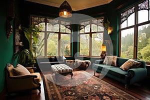 Elegant design of living room interior with window overlooking rainforest view