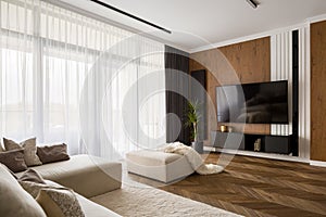 Elegant designed living room with wooden elements
