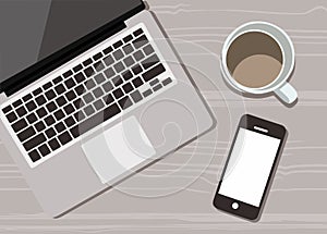 Elegant Desk with a cup of coffee, handphone and laptop vector flat design