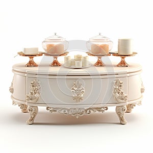 Luxury Cream Dessert Table: Hyperrealistic Rendering With Baroque Grandiosity photo