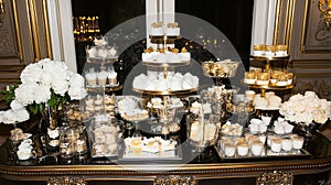 Elegant dessert table, gold, white, mansion, event