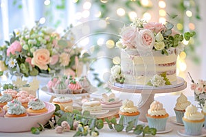 Elegant dessert table with a two-tiered wedding cake, cupcakes, and floral arrangements