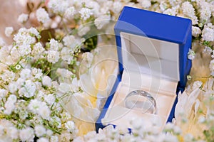 Elegant diamond ring in the box with flower background. Silver wedding rings in box. Diamond engagement ring  in box.