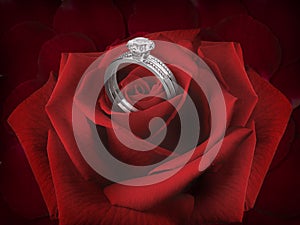 Elegant diamond ring on a Rose Flower on background of beautiful red rose petals