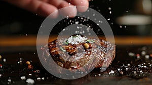 Elegant Dining: Pinch of Salt Enhancing the Flavor of Grilled Beef Steak