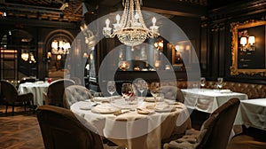 Elegant Dining Room With Chandelier and Tables