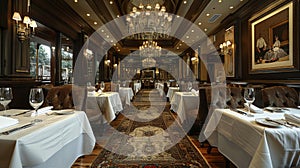 Elegant Dining Room With Chandelier and Tables