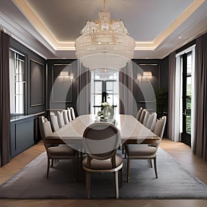 An elegant dining room with a grand chandelier, upholstered chairs, and a long wooden table1