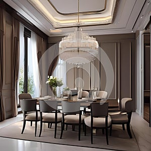 An elegant dining room with a grand chandelier, upholstered chairs, and a long wooden table2