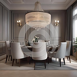 An elegant dining room with a grand chandelier, upholstered chairs, and a long wooden table3