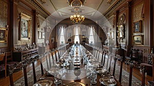 Elegant dining room with a long table set for a meal in a historic mansion