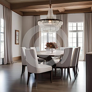 An elegant dining room with a long wooden table, upholstered chairs, and a chandelier1