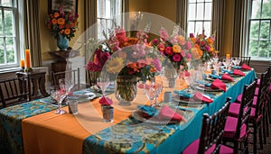 Elegant dining room with modern decor, colorful flower arrangement on table generated by AI
