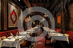 Elegant Dining Room With Red Booths and White Tablecloths, An upscale restaurant owned by a Muslim entrepreneur, showcasing photo