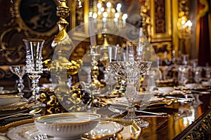 Elegant Dining Room Table Set With Gold and White Dishes