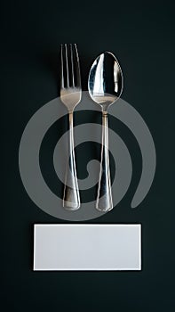 Elegant dining set with silver utensils on dark surface, white card beneath