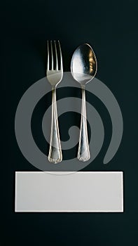 Elegant dining set with silver utensils on dark surface, white card beneath