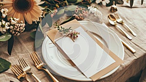 Elegant dining setting with a blank white card on a plate and flatware. Table arrangement with empty dinner invitation
