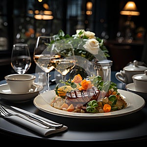 An elegant dining table in a luxurious restaurant.