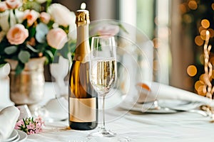 Elegant dining table set for a celebration, featuring champagne, glassware, and a bouquet of roses, creating a romantic