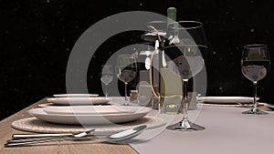 Elegant Dining Table With Wine Glasses, bottle, Plates And Candles Set For festival. 3d rendered