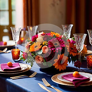 Elegant dinner setting arrangement for fancy special occasion such as wedding