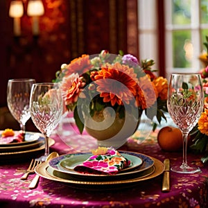 Elegant dinner setting arrangement for fancy special occasion such as wedding