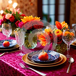 Elegant dinner setting arrangement for fancy special occasion such as wedding