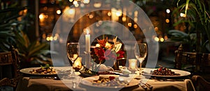 Elegant Dinner Table With Candles and Plates of Food