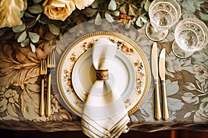 Elegant dinner table setting arrangement in English country style as flatlay tablescape, folded napkin on a serving
