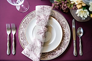 Elegant dinner table setting arrangement in English country style as flatlay tablescape, folded napkin on a serving plate,