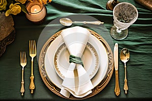 Elegant dinner table setting arrangement in English country style as flatlay tablescape, folded napkin on a serving plate,