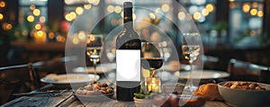 Elegant dinner table with wine bottle, candlelight, cozy atmosphere, restaurant setting, romantic evening concept