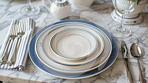 Elegant dinnerware set arranged on marble surface with blue accents