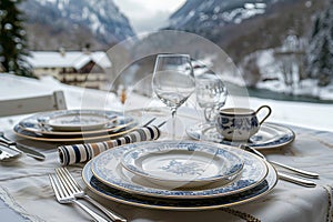 Elegant dinnerware set on marble surface with mountain view