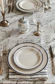 Elegant dinnerware set on marble surface with vintage cutlery