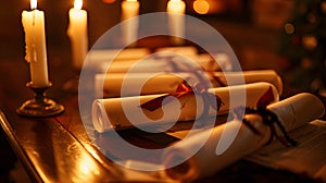 Elegant Display of Diplomas on Mahogany Desk in Candlelight Celebrating Graduation Day