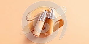 The elegant display of foundation bottles on a smooth background. AI generated image