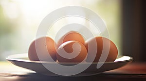 Elegant display of perfectly cooked boiled eggs on a plate against a softly blurred background photo