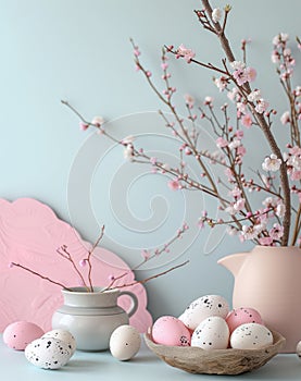 Elegant display of pink spring blossoms in a vase with a bowl of speckled easter eggs