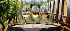 Elegant display of red, white, and rose wines on wooden barrel in picturesque vineyard scene