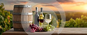 The elegant display of wine, grapes, and a rustic barrel at sunset..AI generated image