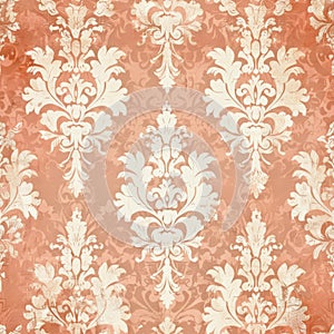 Elegant distressed damask pattern on a coral background.