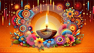 Elegant Diwali Decor with Lit Diyas and Flowers photo