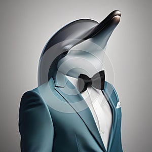 An elegant dolphin in formal wear, posing for a portrait with a playful and intelligent gaze3